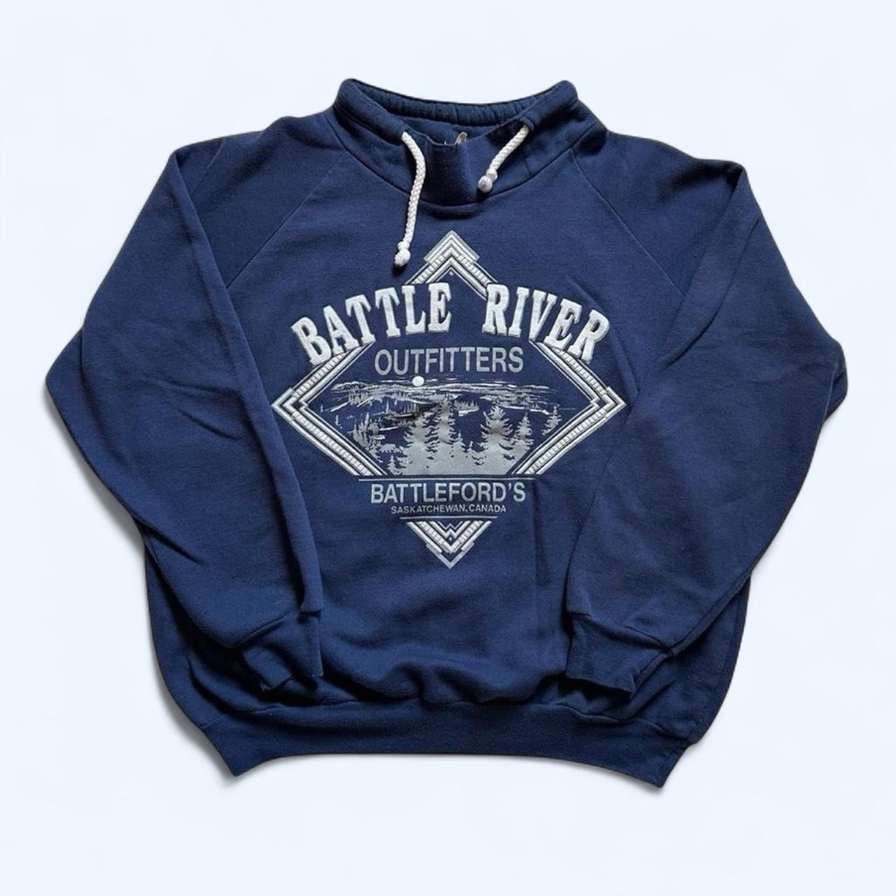 Vintage 1980s Battle River Canada Navy Graphic Pullover Sweatshirt L
